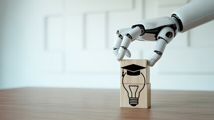 Robotic hand places education and innovation block on wooden table