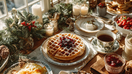 Naklejka premium Delicious holiday breakfast spread with golden waffles, fresh berries, hot tea, and festive decorations. Cozy table setting bathed in warm morning light.