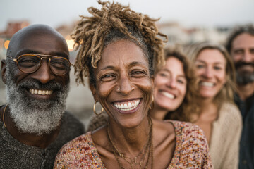 A diverse group of happy senior friends smiling genuinely at the camera. This multi-ethnic community of older adults radiates joy and togetherness outdoors.