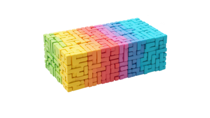 Colorful puzzle block with intricate patterns, showcasing vibrant hues of blue, green, yellow, orange, and pink, evoking sense of creativity