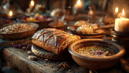Fototapeta premium Traditional food for orthodox Christmas eve. Yule log or badnjak, bread, cereals, dried fruits and burning candle on wooden table.