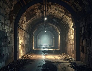 Fototapeta premium Dark Abandoned Tunnel with Eerie Lighting and Rocky Floor Texture