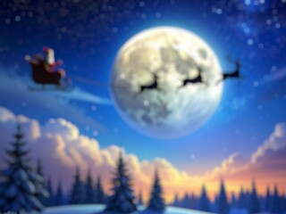 Fototapeta premium Blurred image of Santa Claus flies on Christmas Eve in the night sky with snow