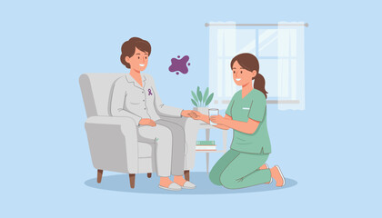 Professional nurse giving compassionate care and water to a patient in an armchair