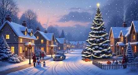 Fototapeta premium Photo of a charming snowcovered village street at dusk, with glowing windows, a decorated christmas tree, and falling snow, evoking a cozy holiday atmosphere