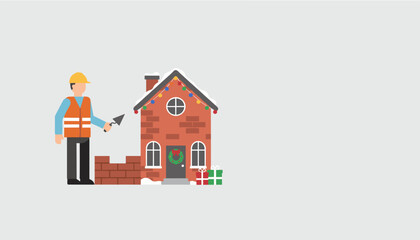 Builder works on brick house during winter holidays Construction real estate and seasonal maintenance
