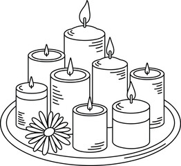 Black and white line drawing of eight lit candles on tray with flower, relaxing decorative illustration for meditation, ceremony, coloring page