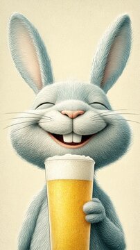 Funny smiling rabbit with a joyful expression holding a glass of beer against a light background
