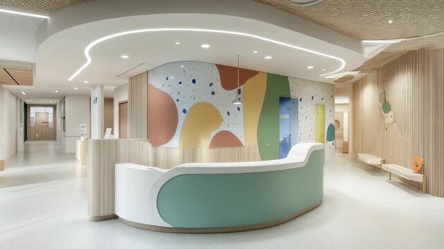 Modern and Bright Interior Design of a Pediatric Clinic Waiting Room with Reception Desk