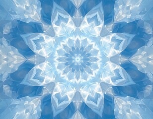 Abstract radial kaleidoscope pattern in light blue, white, resembling ice crystals
