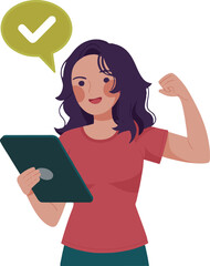 Woman with tablet celebrating success with check mark in speech bubble on a light green background