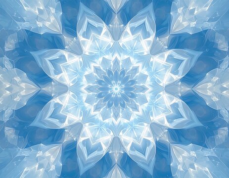 Abstract radial kaleidoscope pattern in light blue, white, resembling ice crystals - Powered by Adobe