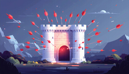 Flat 2D scene: Digital fortress (firewall) successfully deflecting a barrage of incoming DDoS attack arrows. Strong defense