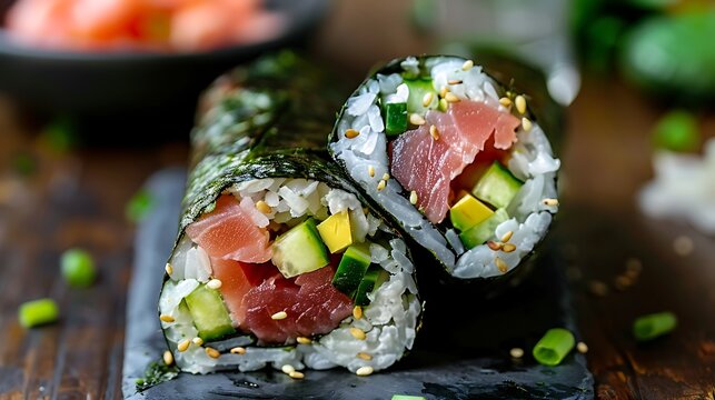 Close up of two sushi rolls with tuna cucumber and avocado wrapped in seaweed on a dark surface