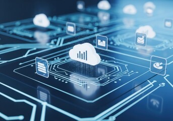 Modern cloud computing concept with data management, security, and global networking over a circuit board background, digital transformation.
