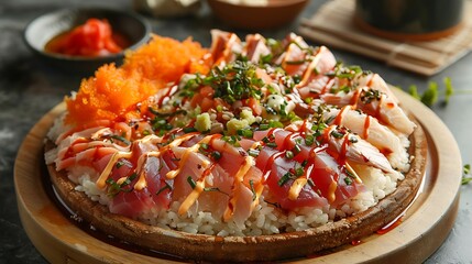 A delicious sushi pizza with tuna and salmon on a wooden plate, topped with sauce and garnish