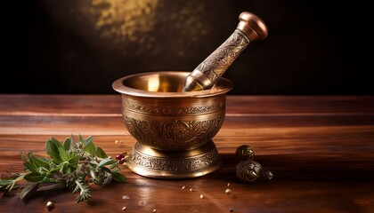 antique bronze mortar and pestle a traditional tool for grinding herbs and spices evoking historical pharmacy and culinary practices