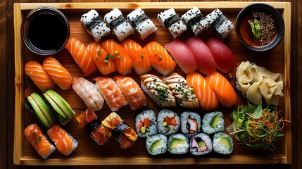 An overhead shot of a wooden tray filled with an assortment of colorful and fresh sushi rolls