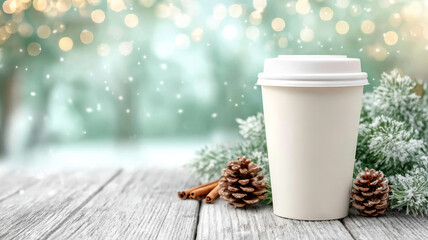 Coffee cup on rustic wooden surface, decorated with pine cones, cinnamon, and frosted fir, surrounded by winter snow and lights