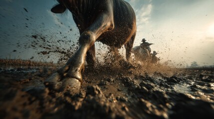 Obraz premium Water buffaloes running through mud