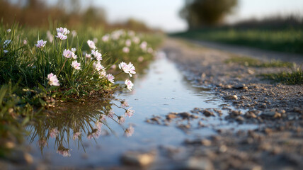 Rural path adorned with wild grass and delicate flowers, their reflections shimmering in a puddle left by a recent rain. A tranquil nature setting