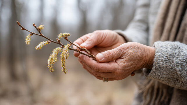 Wrinkled hands tenderly holding a branch adorned with soft, yellow catkins, symbolizing new growth and the arrival of spring