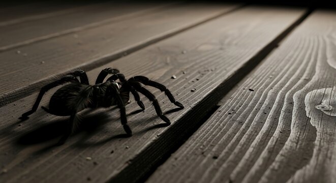 Close up of a large black tarantula spider on wooden surface with texture - Powered by Adobe
