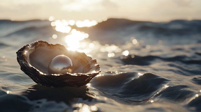 Pearl cradled in an oyster shell near the ocean surface sparkling in the gentle waves with sunlight reflecting off the water The open sky adds a peaceful natural ambiance