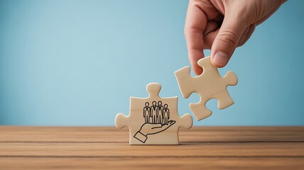 Hand connecting jigsaw puzzle piece with team icon for synergy