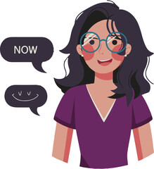 Cartoon woman with glasses and speech bubbles on a circular background with a blue tube above her head