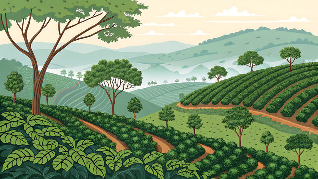 Coorg coffee plantations, green landscape vector 