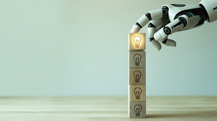 Robot arm stacking blocks with light bulb icons, symbolizing innovation