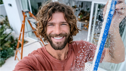 Smiling man with curly hair and beard washing a window, scrubbing glass with bubbly suds and a cleaning tool