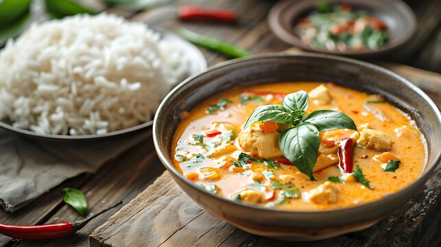 Overhead shot of shrimp curry with rice in a bowl on a wooden table with herbs and chili peppers