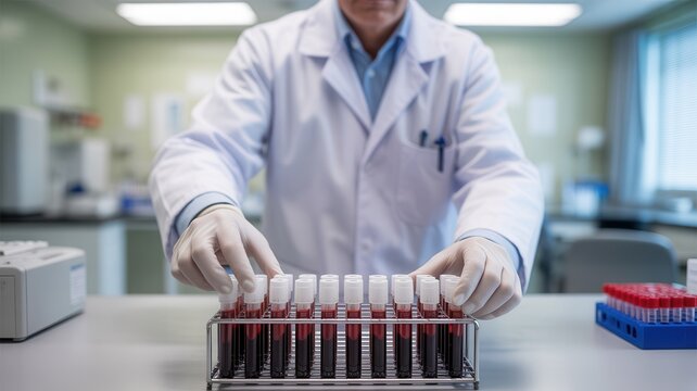 Scientist in lab coat carefully arranges test tubes filled with blood samples in rack