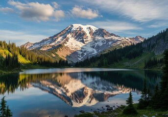 Mountain Lake View with Clear Reflection and Snow