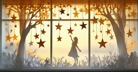 Silhouette depicts child reaching toward hanging stars. Trees frame window scene, warm light glows behind paper cutouts. Dreamlike, peaceful.