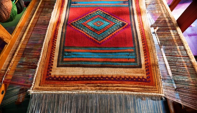 woven rug in progress on loom vibrant colors