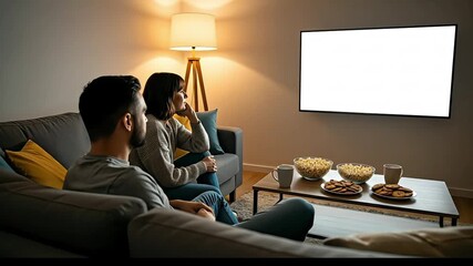 A cozy couple enjoying a movie night in a warm living room. - Powered by Adobe