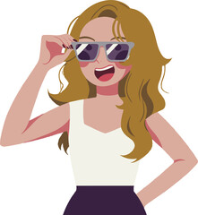 Cartoon woman with blonde hair wearing sunglasses and a white top against a dotted blue background