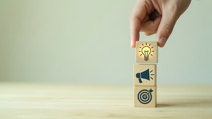 Hand stacking wooden blocks with icons of lightbulb, megaphone, target