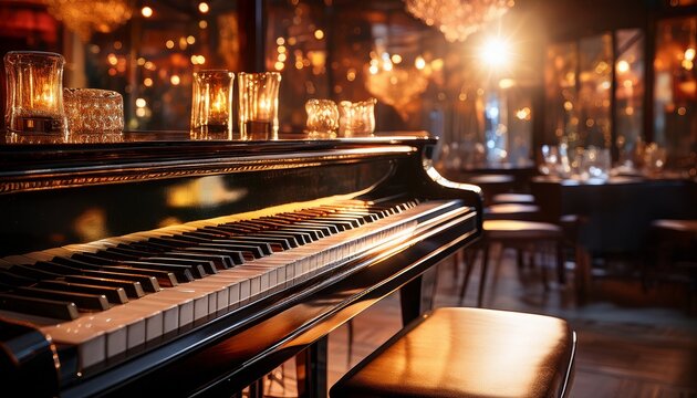 melodic piano keys illuminated by soft ambient lights in a cozy jazz bar