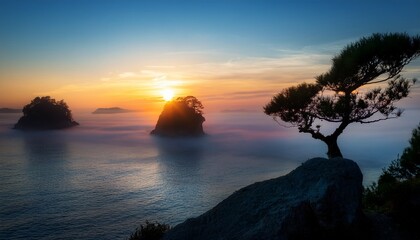 misty sunrise over ocean islands with silhouetted tree and rocky outcrop