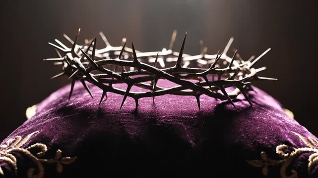 Close-up of a crown of thorns on a purple cloth with golden embroidery representing the Solemnity of Christ the King.