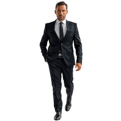 Stylish man walking confidently in a sleek black suit with a tie on a plain background on transparent background
