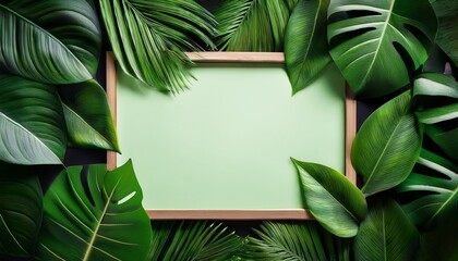 fresh green tropical leaves surrounding empty frame for nature and relaxation themed designs and marketing projects