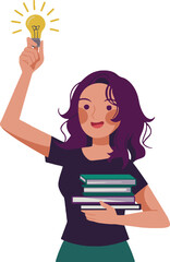Woman holding books and a lightbulb with a green circle in the background illustration style