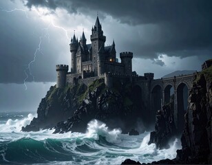 Naklejka premium Dramatic Stormy Castle on Rocky Cliff Under Dark Thunderclouds