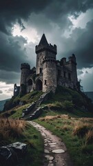Fototapeta premium Majestic Ruined Castle Under Dramatic Clouds at Dusk