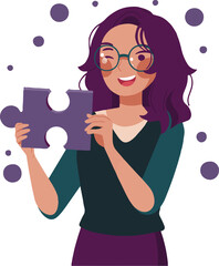 Woman holding a purple puzzle piece with a wink and glasses surrounded by purple dots on a light background